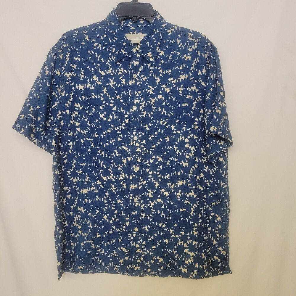 Michael Kors Medium 100% Linen Camp Shirt Blue Print Resort Travel
